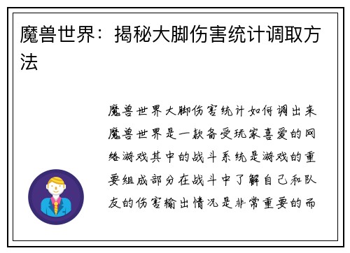 魔兽世界：揭秘大脚伤害统计调取方法